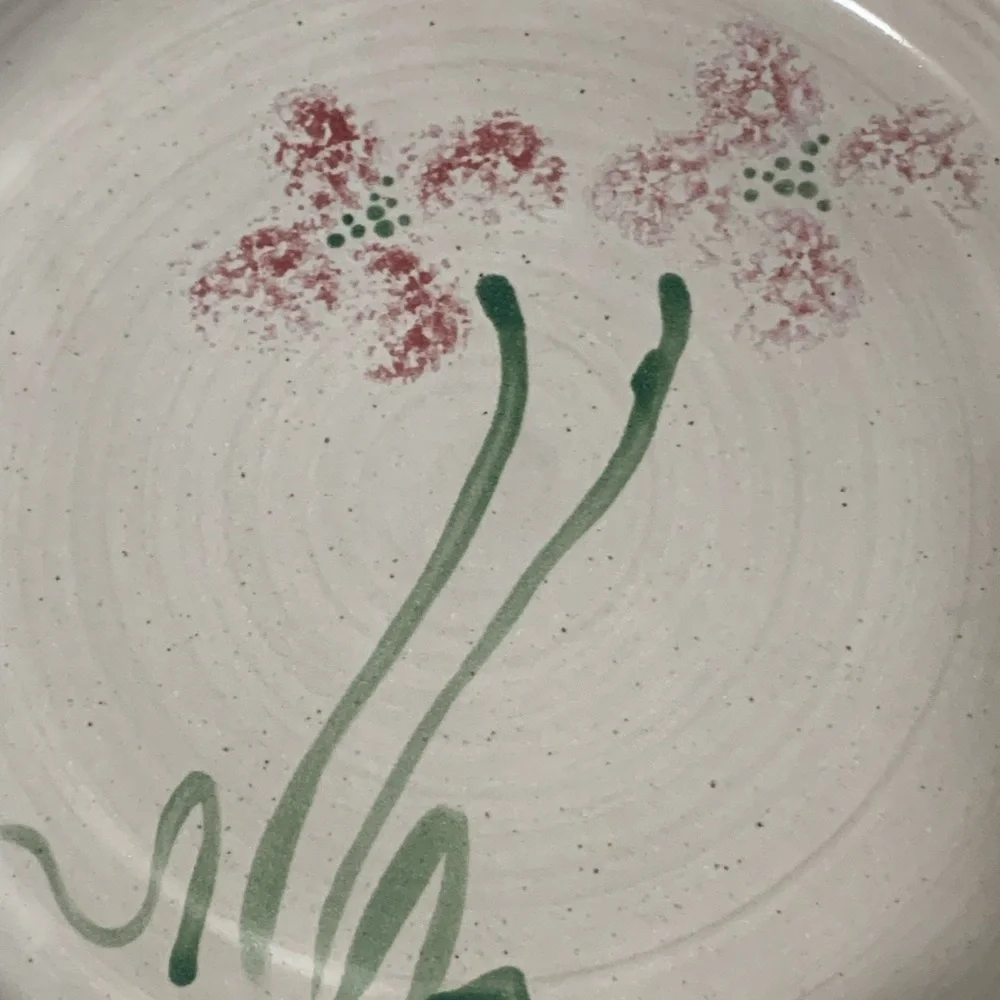 VTG Art Pottery Clay Casserole Dish Handmade Deep Pink Flowers Signed by Artist